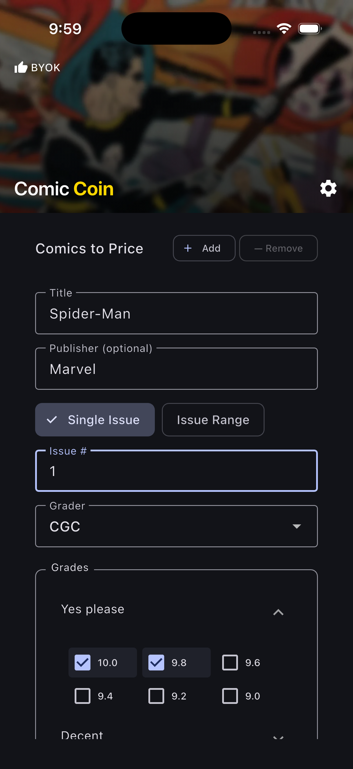 Comic Coin search screen on iOS (dark mode)